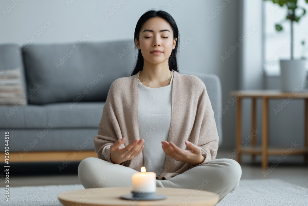 A serene woman meditates with a soft smile in a minimalist, neutral-toned living room, focusing on a candle flame in front of her, creating a quiet and balanced atmosphere perfect for self-reflection. A serene woman meditates with a soft smile in a minimalist, neutral-toned living room, focusing on a candle flame in front of her, creating a quiet and balanced atmosphere perfect for self-reflection.