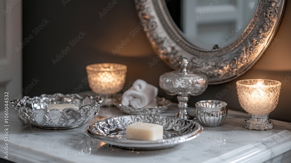 A luxurious bathroom setting with a marble vanity displaying silver accessories A luxurious bathroom setting with a marble vanity displaying silver accessories