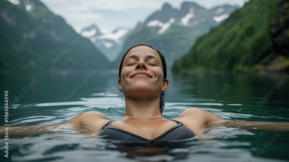 Fototapeta premium A woman floats peacefully on her back in a calm, mountain-surrounded lake,basking in the serene, natural beauty and tranquility,with a gentle smile and closed eyes,enjoying a moment of deep relaxation