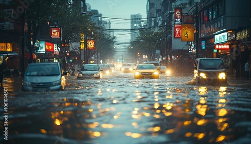 City street, flood or water with danger, property damage or extreme weather with rainfall,  extreme weather,  insurance claim or emergency. Taiwan, danger or global warming with road closure, flood 
