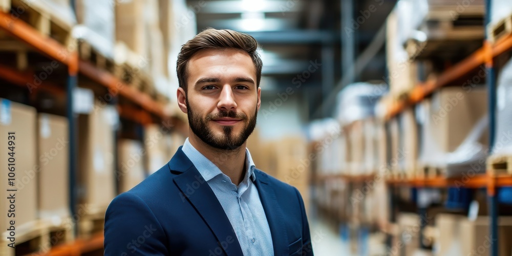 Confident Young Businessman in a Warehouse Setting Confident Young Businessman in a Warehouse Setting