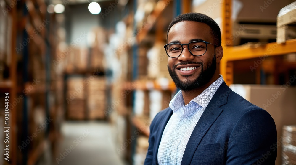 Confident Warehouse Manager Smiling in Modern Storage Facility Confident Warehouse Manager Smiling in Modern Storage Facility