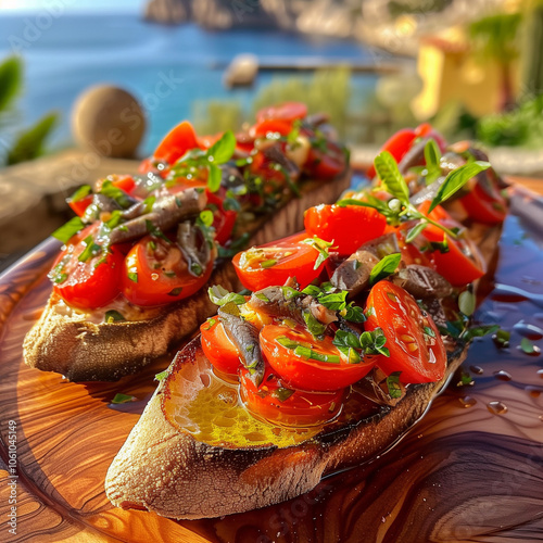 Rustic Plate of Friselle with Tomatoes and Marinated Anchovies photo