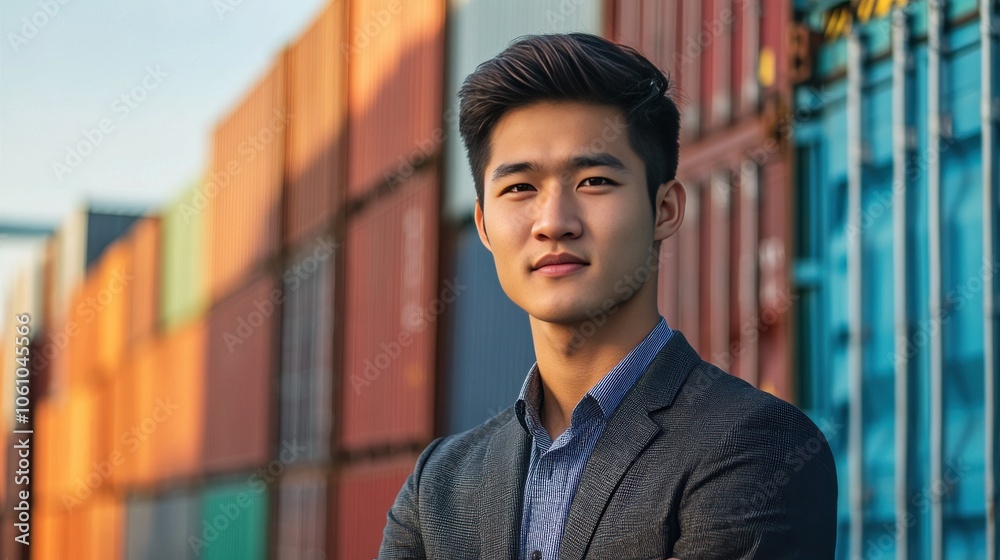 Confident Young Professional Posing Against a Background of Shipping Containers