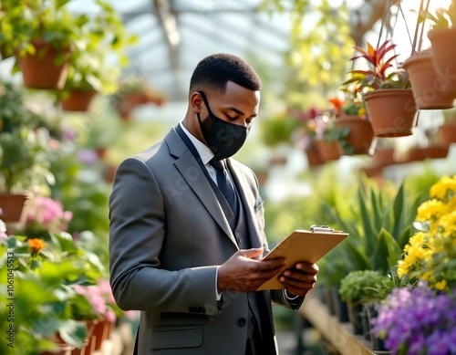 Stylish Black Businessman in Tailored Suit Examining Potted Plants at Garden Center with Checklist in Sunlit Greenhouse photo