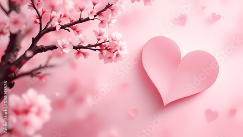 Cherry blossom branch with a heart-shaped paper cutout against a pink background photo