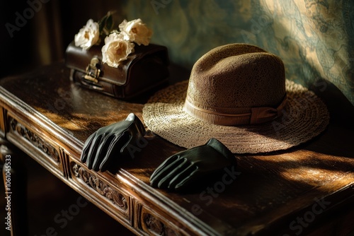 An elegant vintage ladies hat rests beside black gloves and a decorative purse atop an ornate wooden table bathed in warm light. Generative AI photo