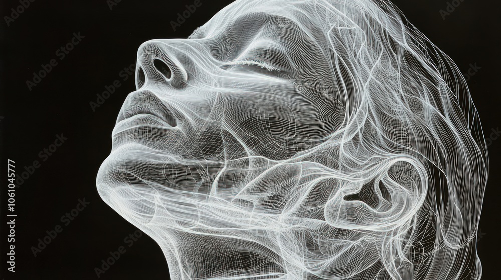 A woman's face is depicted in a surreal, abstract style, with her features rendered in delicate white lines that resemble smoke or mist. A woman's face is depicted in a surreal, abstract style, with her features rendered in delicate white lines that resemble smoke or mist.