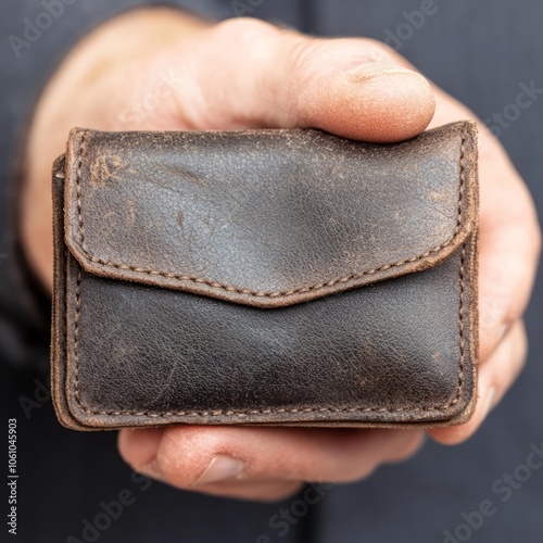 Hand holding a small, brown, worn leather wallet. photo