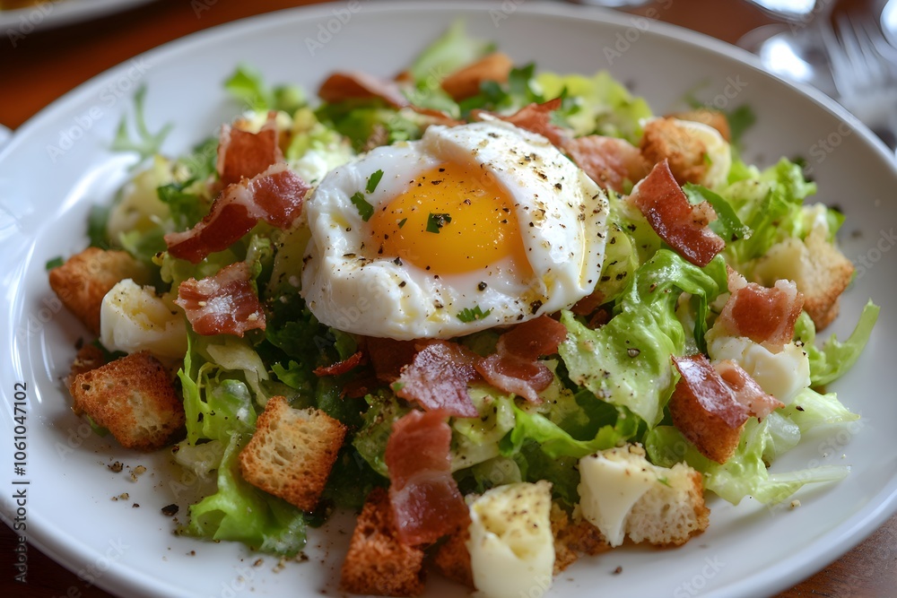 Close-up of Salade Lyonnaise on a white plate with fresh frisée, a runny poached egg, crispy croutons, and rich lardons, set on a deep-toned table in a warm, authentic French restaurant Close-up of Salade Lyonnaise on a white plate with fresh frisée, a runny poached egg, crispy croutons, and rich lardons, set on a deep-toned table in a warm, authentic French restaurant