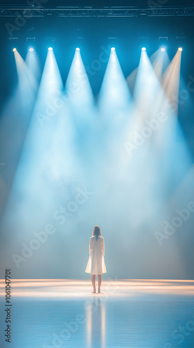 stage with spotlights, woman on stage from behind photo