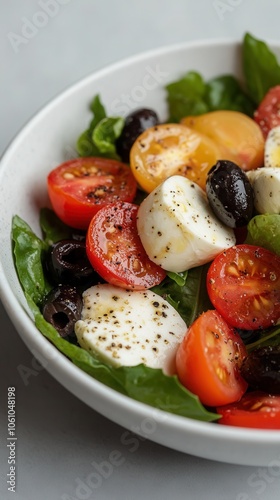 A close-up view of fresh mozzarella slices, black olives, cherry tomatoes, and mixed greens salad in a white bowl against a grey background