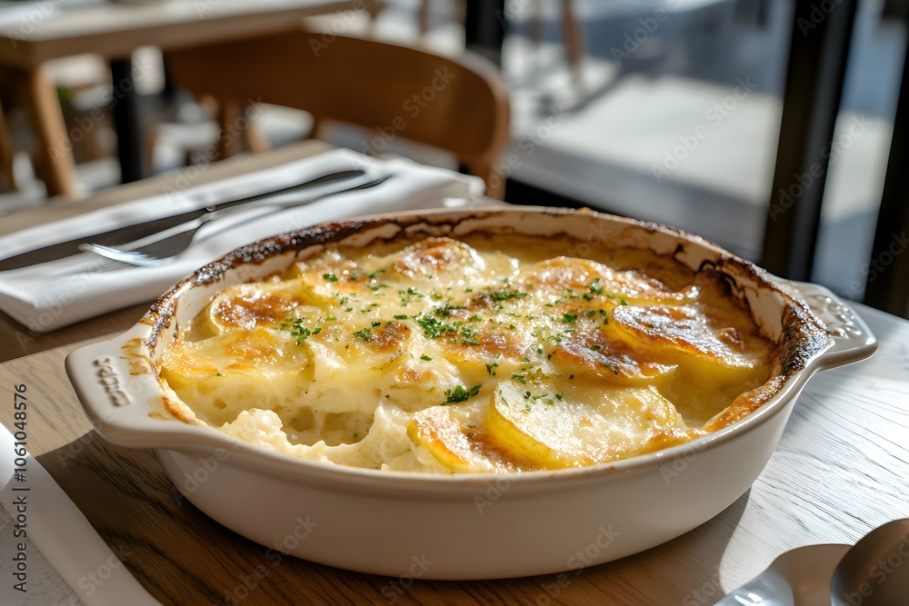 Gratin Dauphinois in a sleek, modern French restaurant with bright lighting. Served in a white ceramic dish with golden-brown crust, creamy cheese layers, herb garnish, and elegant decor Gratin Dauphinois in a sleek, modern French restaurant with bright lighting. Served in a white ceramic dish with golden-brown crust, creamy cheese layers, herb garnish, and elegant decor
