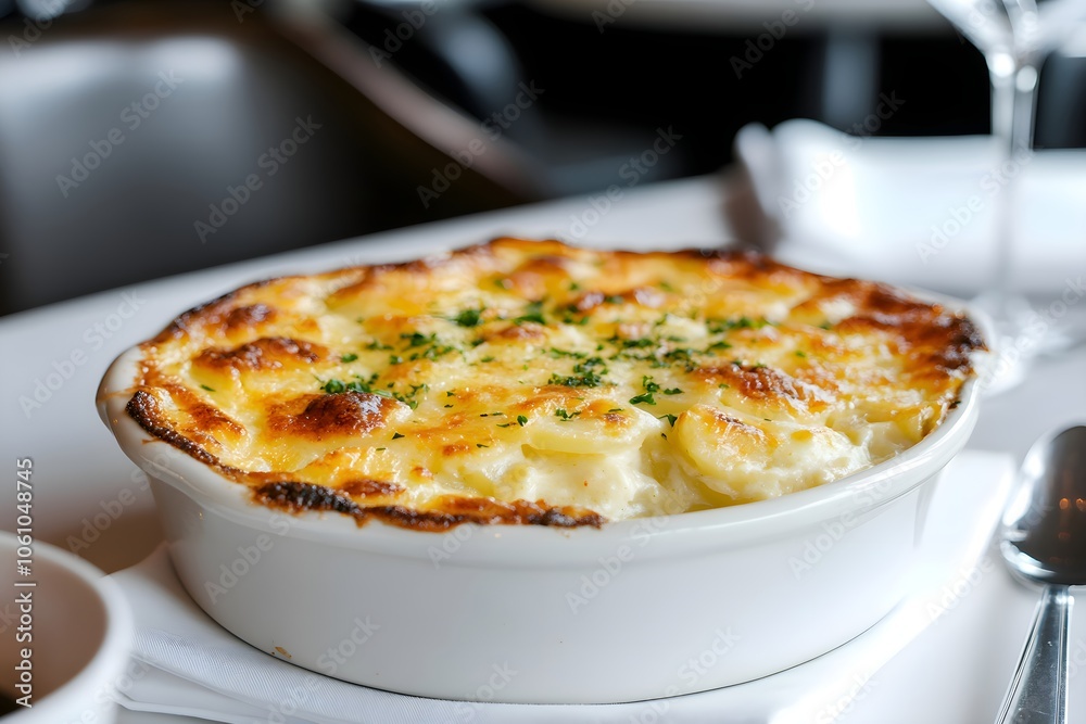 Gratin Dauphinois in a sleek, modern French restaurant with bright lighting. Served in a white ceramic dish with golden-brown crust, creamy cheese layers, herb garnish, and elegant decor Gratin Dauphinois in a sleek, modern French restaurant with bright lighting. Served in a white ceramic dish with golden-brown crust, creamy cheese layers, herb garnish, and elegant decor