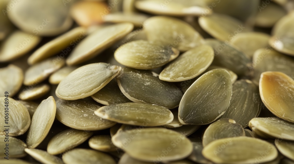 This image provides a closeup view of a pile of pumpkin seeds This image provides a closeup view of a pile of pumpkin seeds