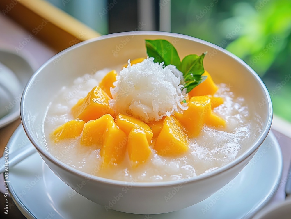 Thai dish made with white rice, fresh mango slices and coconut milk garnished with mint and served in a white bowl. Thai dish made with white rice, fresh mango slices and coconut milk garnished with mint and served in a white bowl.