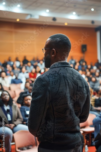 Man stands in front of a crowd of people, wearing a gray jacket and glasses. He is giving a speech or presentation, and the audience is attentive. Concept of authority and professionalism