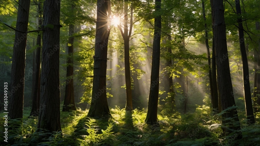 Obraz premium Tall, dense trees reaching high with vibrant sunlight streaming gently through lush, green leaves. The dappled, golden light creates a warm, enchanting, and inviting forest scene, evoking calm, peacef