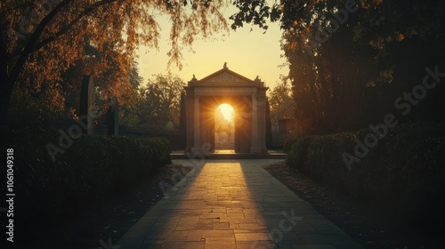 A dramatic shot of the mausoleum at sunrise, with soft light enhancing its stunning details and symmetry.