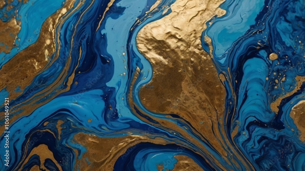 Fototapeta premium Hand-painted background featuring an exquisite blend of mixed liquid blue and shimmering golden paints. Emphasis on classic blue, a defining color of the year 2020, in abstract fluid acrylics.