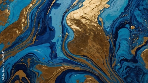 Hand-painted background featuring an exquisite blend of mixed liquid blue and shimmering golden paints. Emphasis on classic blue, a defining color of the year 2020, in abstract fluid acrylics.