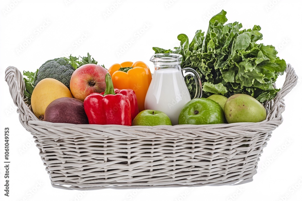 Fresh fruits and vegetables in a shopping cart on a neutral background showcasing healthy eating choices in a grocery setting Fresh fruits and vegetables in a shopping cart on a neutral background showcasing healthy eating choices in a grocery setting