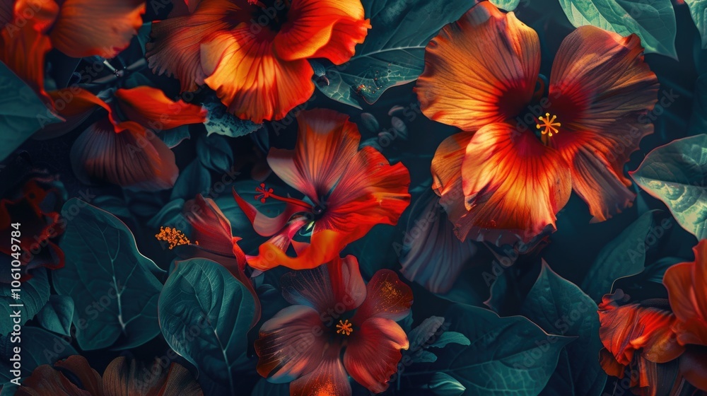 A bouquet of vivid hibiscus flowers with lush green leaves. A bouquet of vivid hibiscus flowers with lush green leaves.
