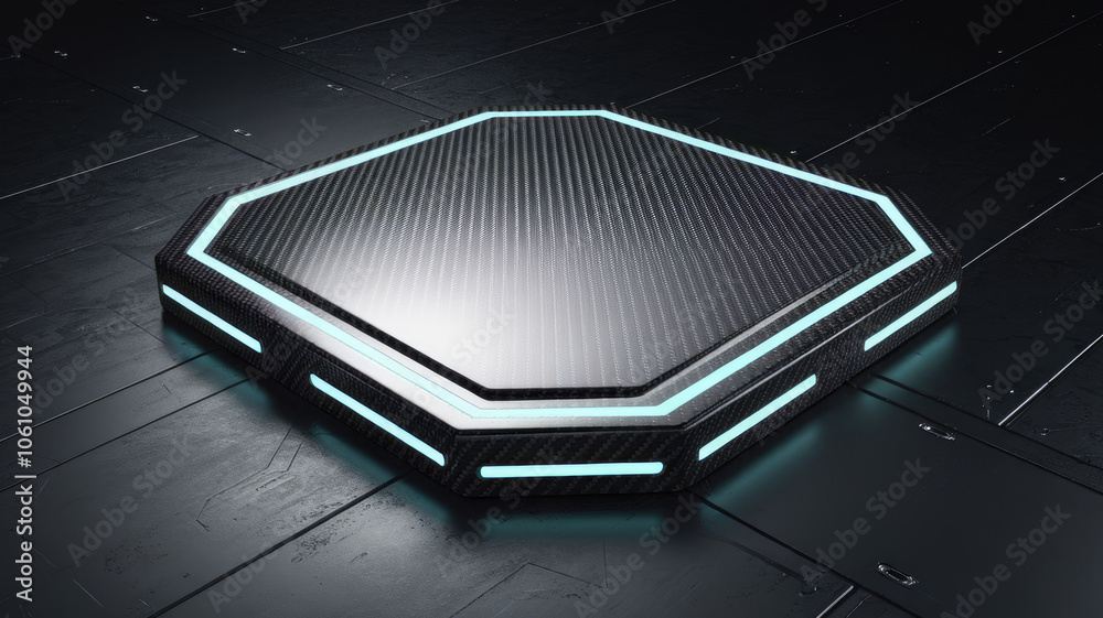Futuristic hexagonal platform with glowing edges, set on a sleek black surface, creating a high-tech atmosphere perfect for sci-fi themes. Futuristic hexagonal platform with glowing edges, set on a sleek black surface, creating a high-tech atmosphere perfect for sci-fi themes.