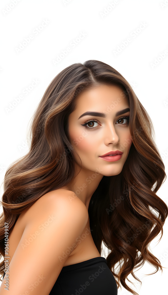 Portrait of an attractive, brunette lady with perfect hair waves isolated with white highlights, png Portrait of an attractive, brunette lady with perfect hair waves isolated with white highlights, png