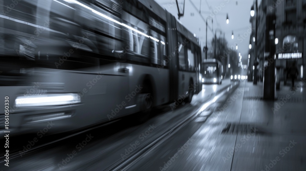 Fototapeta premium Buses and cars speeding down a rain-soaked street at night, capturing the busy energy of urban transportation.