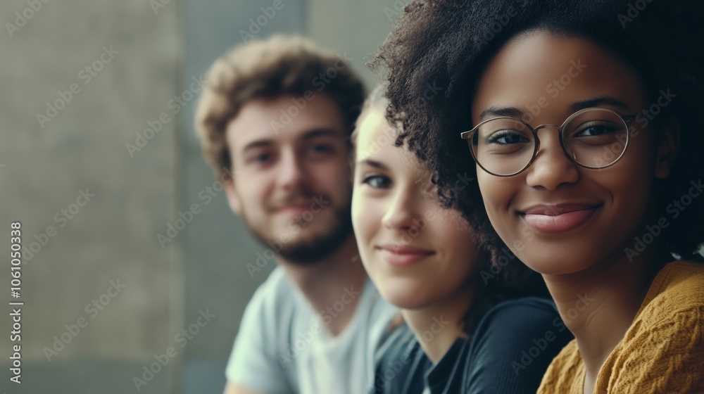 A cheerful group of young people sits together, sharing smiles A cheerful group of young people sits together, sharing smiles