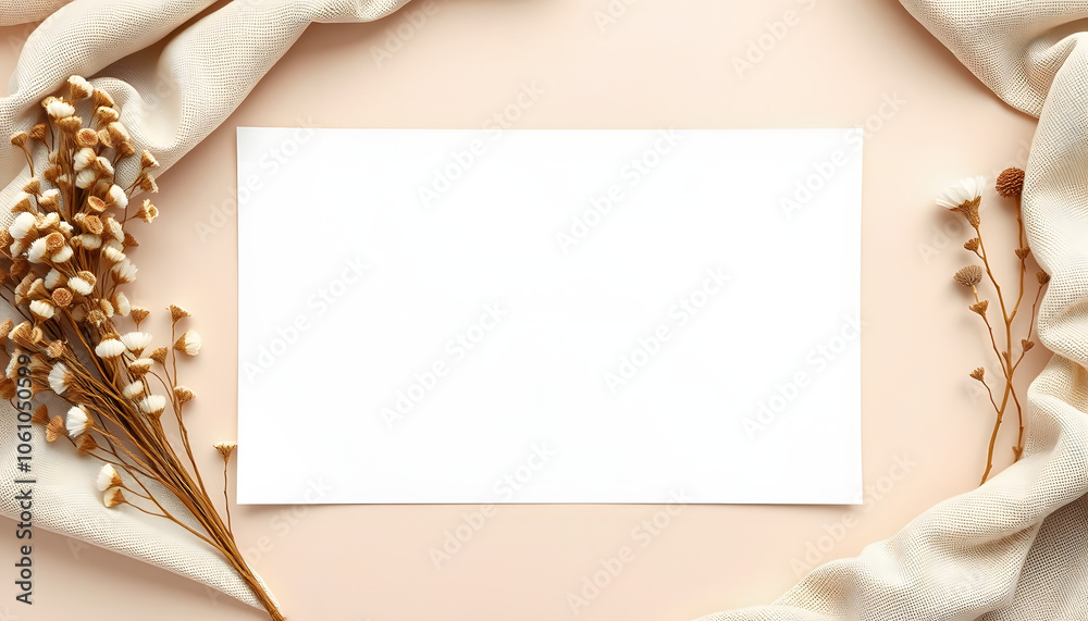 Blank paper sheet card with mockup copy space and dry floral branch and blanket cloth on neutral beige background. Minimal aesthetic wedding invitation template. Flat lay, top view isolated with whi Blank paper sheet card with mockup copy space and dry floral branch and blanket cloth on neutral beige background. Minimal aesthetic wedding invitation template. Flat lay, top view isolated with whi