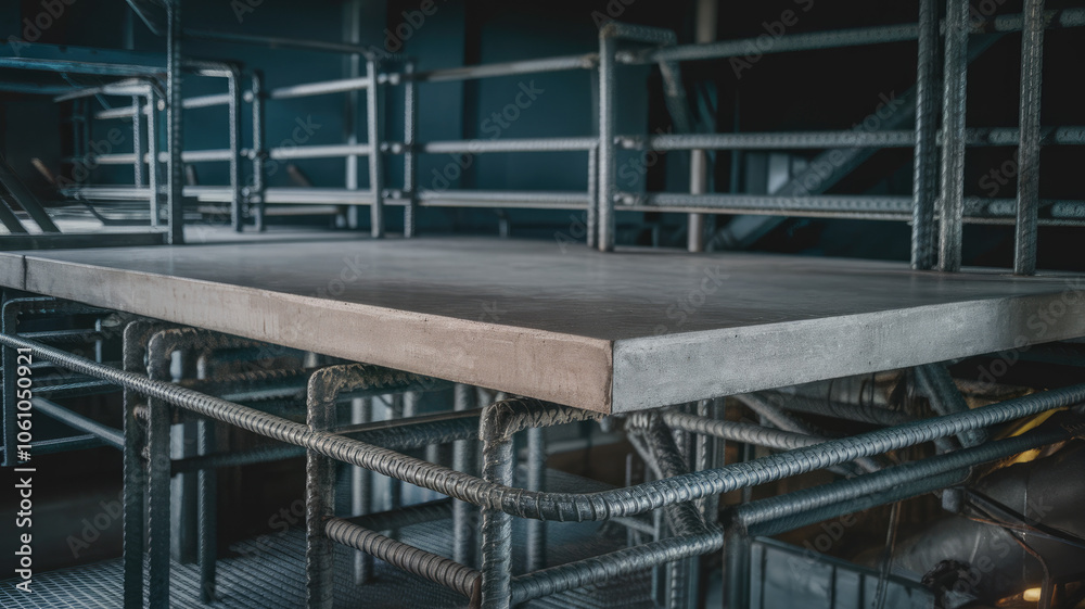 Industrial setting featuring a solid concrete platform supported by metallic scaffolding, highlighting modern construction elements and an organized workspace. Industrial setting featuring a solid concrete platform supported by metallic scaffolding, highlighting modern construction elements and an organized workspace.