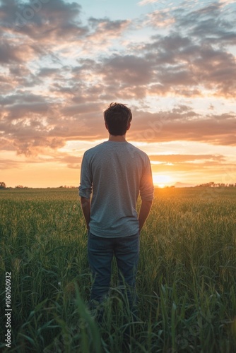 Man standing in a field during sunset with crops and clouds in the sky.