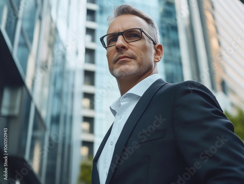 A well-dressed man posing in a city setting.