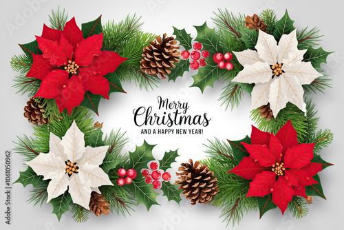 Merry Christmas greeting card with a branches, cones and berries on white background 