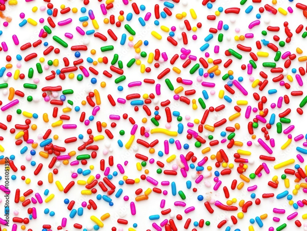 Brightly colored sprinkles scattered on a white background. Brightly colored sprinkles scattered on a white background.