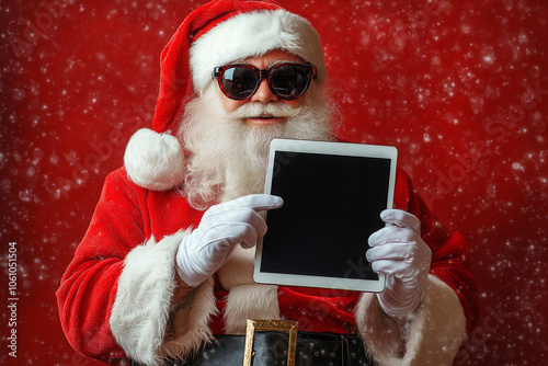 Portrait of his he attractive amazed stunned fat white-haired Santa holding in hands ebook gadget pout lips sale isolated bright vivid shine vibrant red burgundy maroon color background 