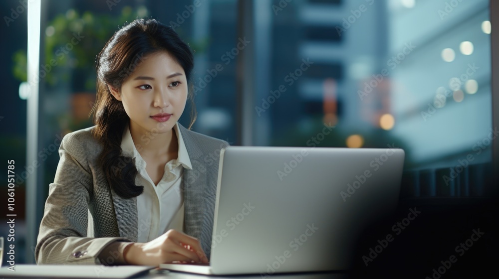 Asian woman focused on computer work, professional environment Asian woman focused on computer work, professional environment