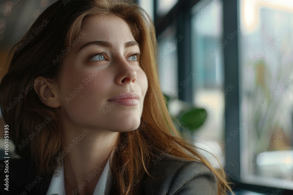 Young adult female looking out the window with a contemplative expression. Young adult female looking out the window with a contemplative expression.