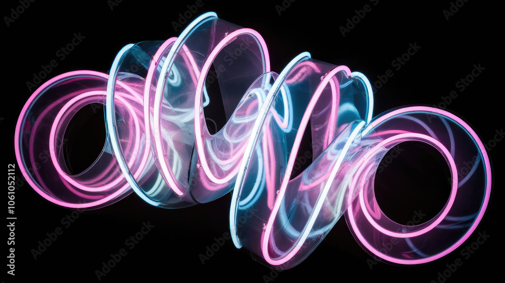 An abstract composition of pink and blue neon lights swirling elegantly against a black background, creating a captivating and energetic visual flow. An abstract composition of pink and blue neon lights swirling elegantly against a black background, creating a captivating and energetic visual flow.