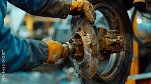 Mechanic Removing Car Tire: A close-up of a mechanic removing a tire from a car wheel disc, highlighting the repair process. photo