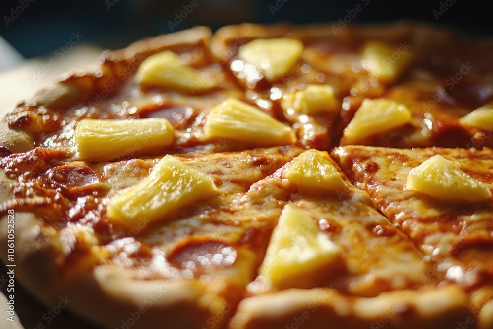 Pizza with pepperoni and pineapple toppings, ready for serving. Pizza with pepperoni and pineapple toppings, ready for serving.