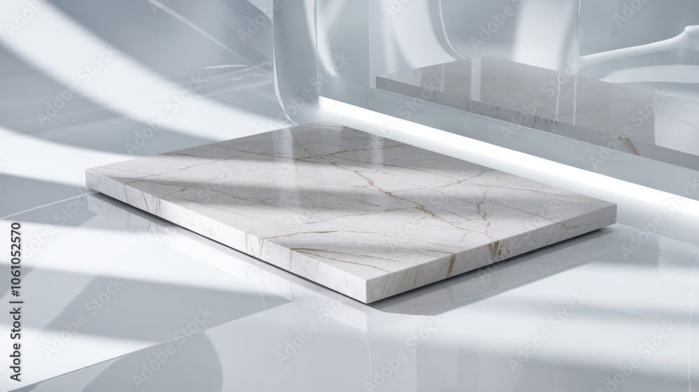 A sleek, polished marble slab featuring elegant veining, set against a bright, reflective background with soft shadows and light patterns. A sleek, polished marble slab featuring elegant veining, set against a bright, reflective background with soft shadows and light patterns.