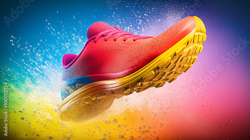 The dynamic shoe bursts through a rainbow-colored splash, capturing the essence of motion and lively design photo