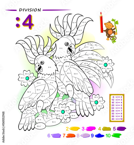 Exercise for kids with division by number 4. Color the couple of cute cockatoo. Educational page for mathematics workbook. Printable worksheet for children textbook. Coloring book. Vector image.