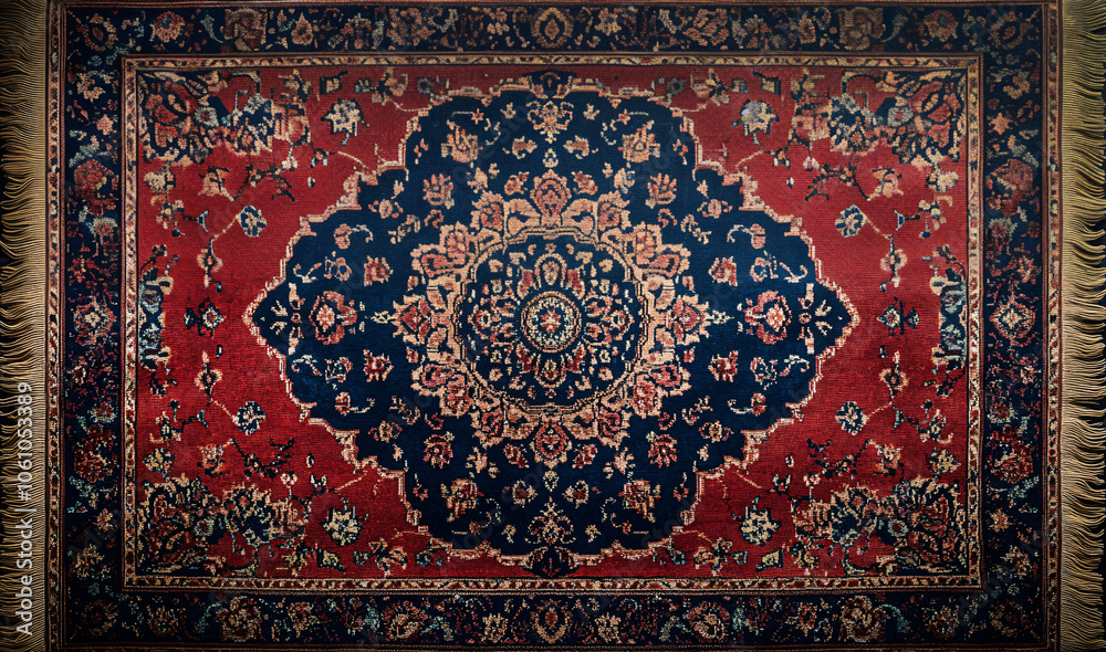 Persian rug with bold floral medallion on a rich red base Persian rug with bold floral medallion on a rich red base