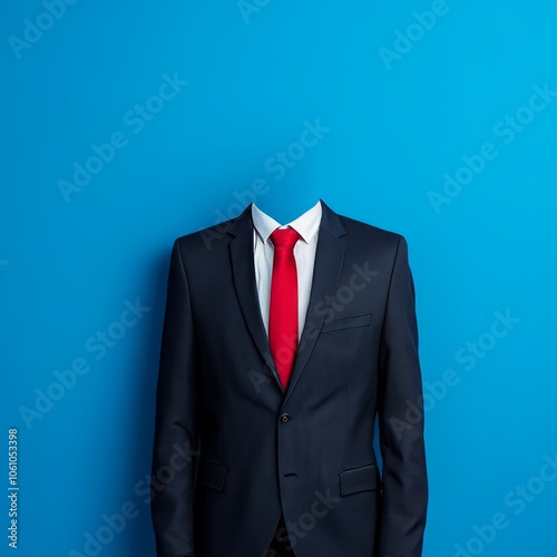 Headless man in a suit and red tie standing in front of a blue background. photo