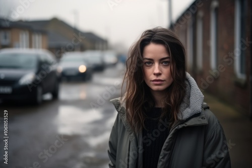 Portrait of a beautiful young woman in the street, wearing a coat.