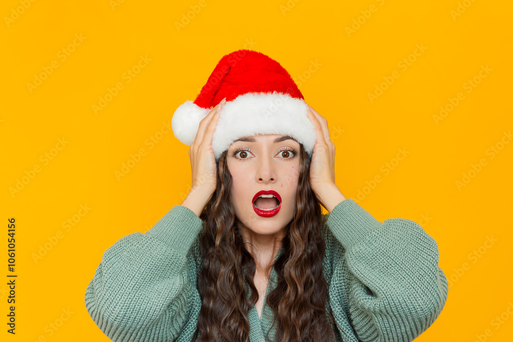 Young pretty caucasian woman, wearing Santa hat and knitted green cardigan with red lips, holding her head in her hands and looking at camera with her mouth open in surprise. Yellow background Young pretty caucasian woman, wearing Santa hat and knitted green cardigan with red lips, holding her head in her hands and looking at camera with her mouth open in surprise. Yellow background